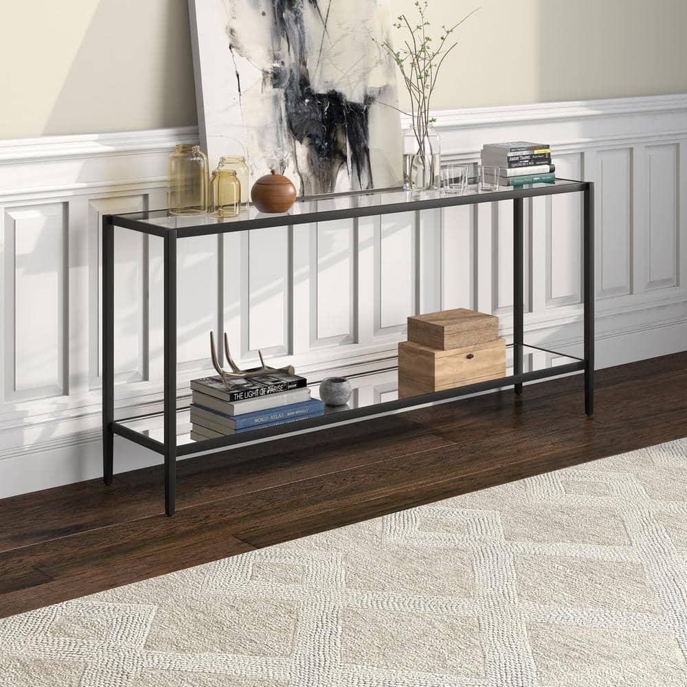 Aurora Modern Mirrored Console Table with Glass Shelf in Blackened Bronze