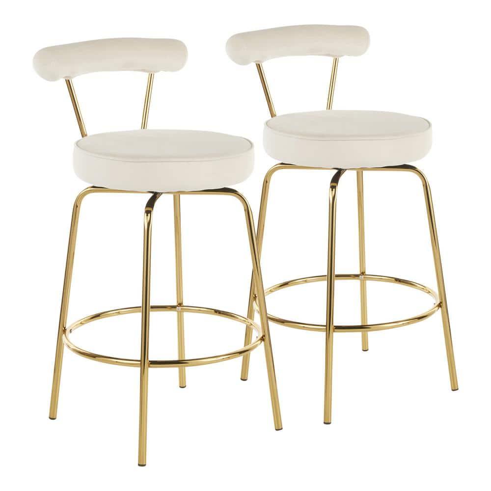 Set of 2 Rhonda Glam Counter Height Barstools Cream Velvet - LumiSource: Gold Finish, Metal Frame, Swivel Function