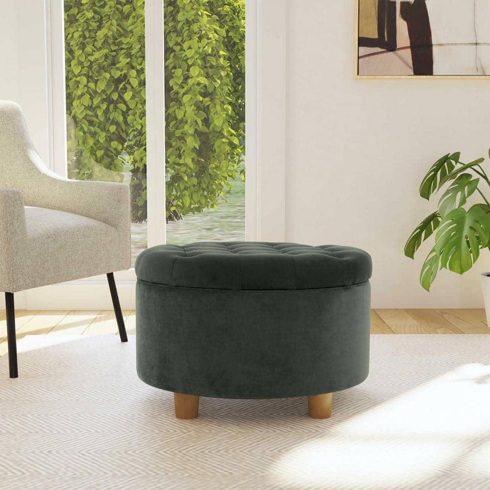 Tufted Round Storage Ottoman Loden Green Velvet - HomePop: Velvet Footstool, Honey Oak Legs, 250lb Capacity