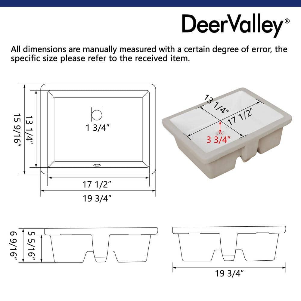 DeerValley Ursa 20" X 15.6" Rectangular Vitreous China Undermount Bathroom Sink with Overflow