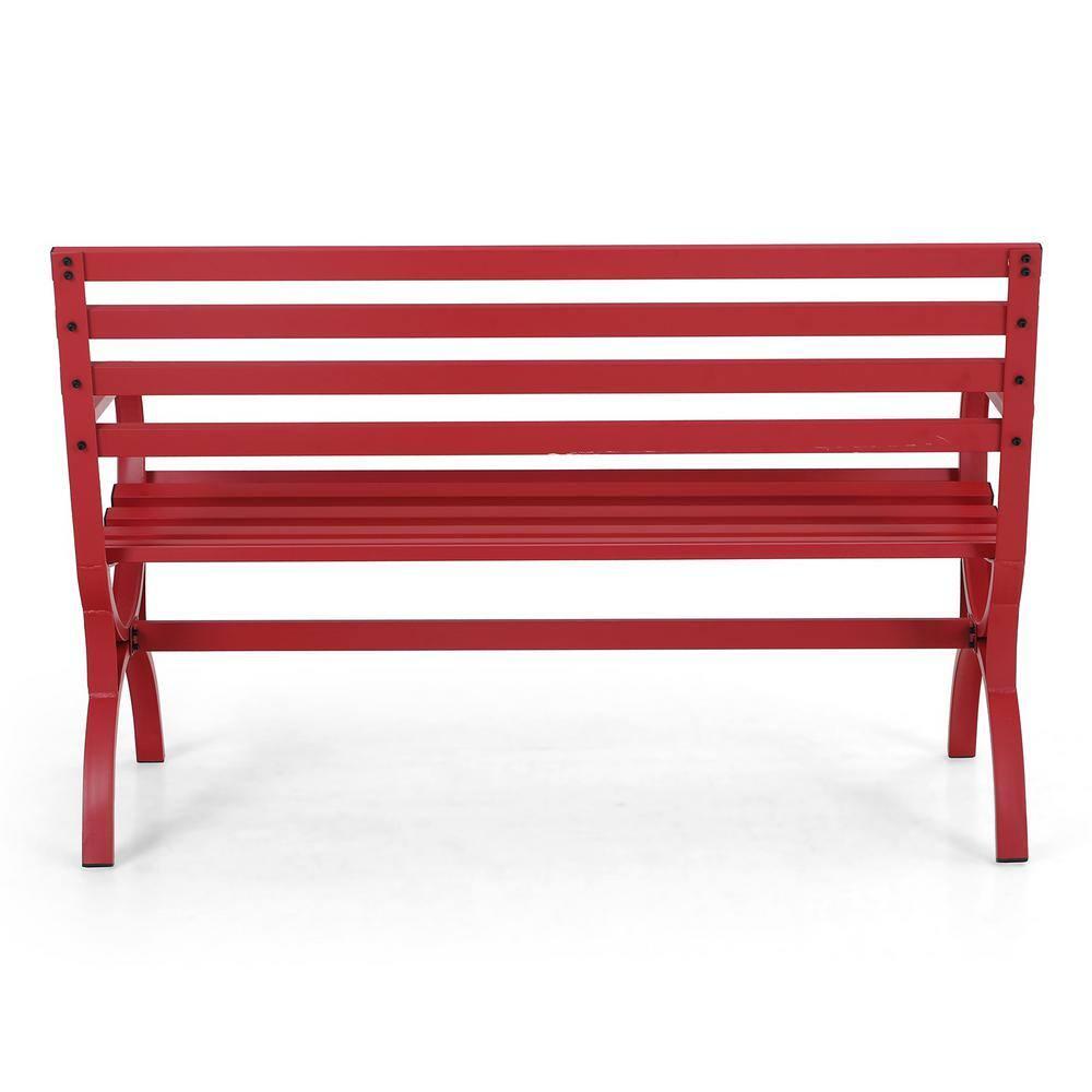 PHI VILLA Outdoor Garden Bench, 48” Long Metal Steel Bench with Backrest and Armrests, Modern Slatted Design for Patio, Lawn, Yard, Porch - Red