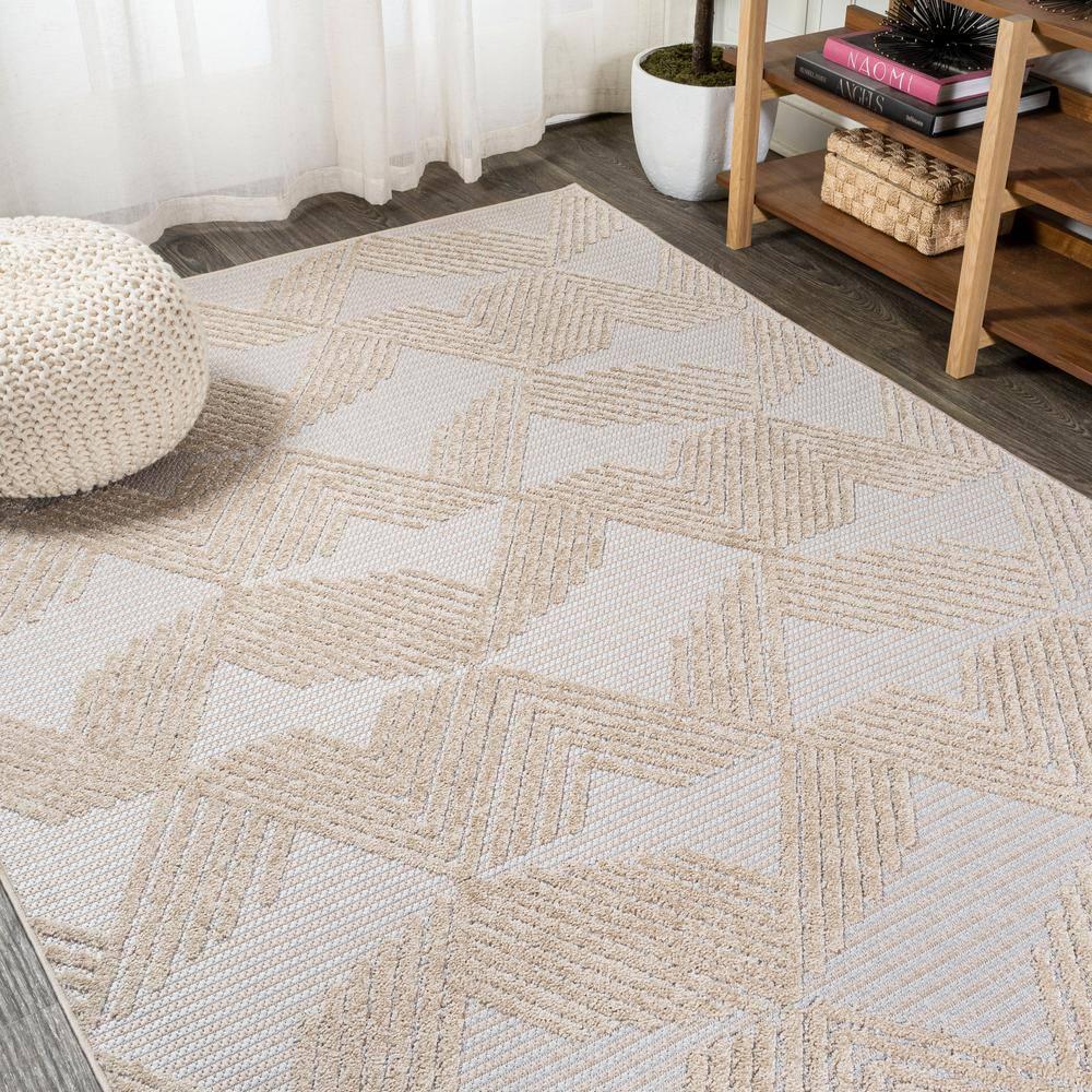 8'x10' Jazz High-Low Pile Art Deco Geometric Indoor/Outdoor Area Rug, Beige - JONATHAN Y