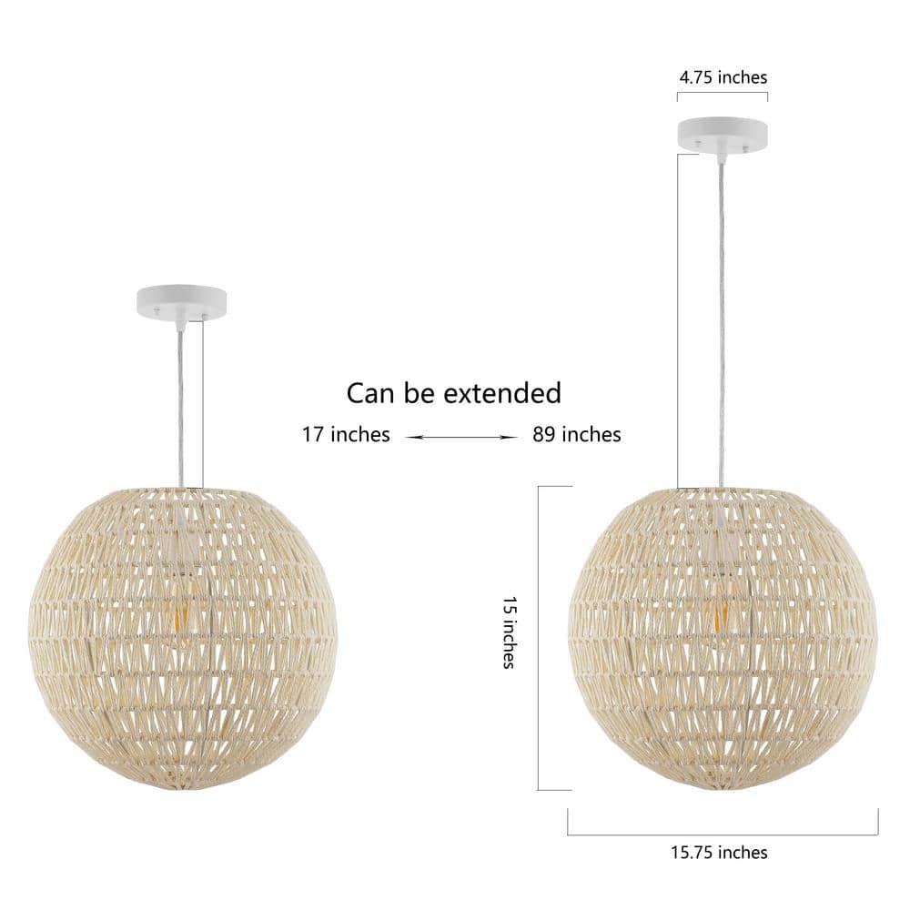 Luna 15.75" 1-Light Bohemian Modern Woven Rattan/Iron LED Pendant, Cream/White