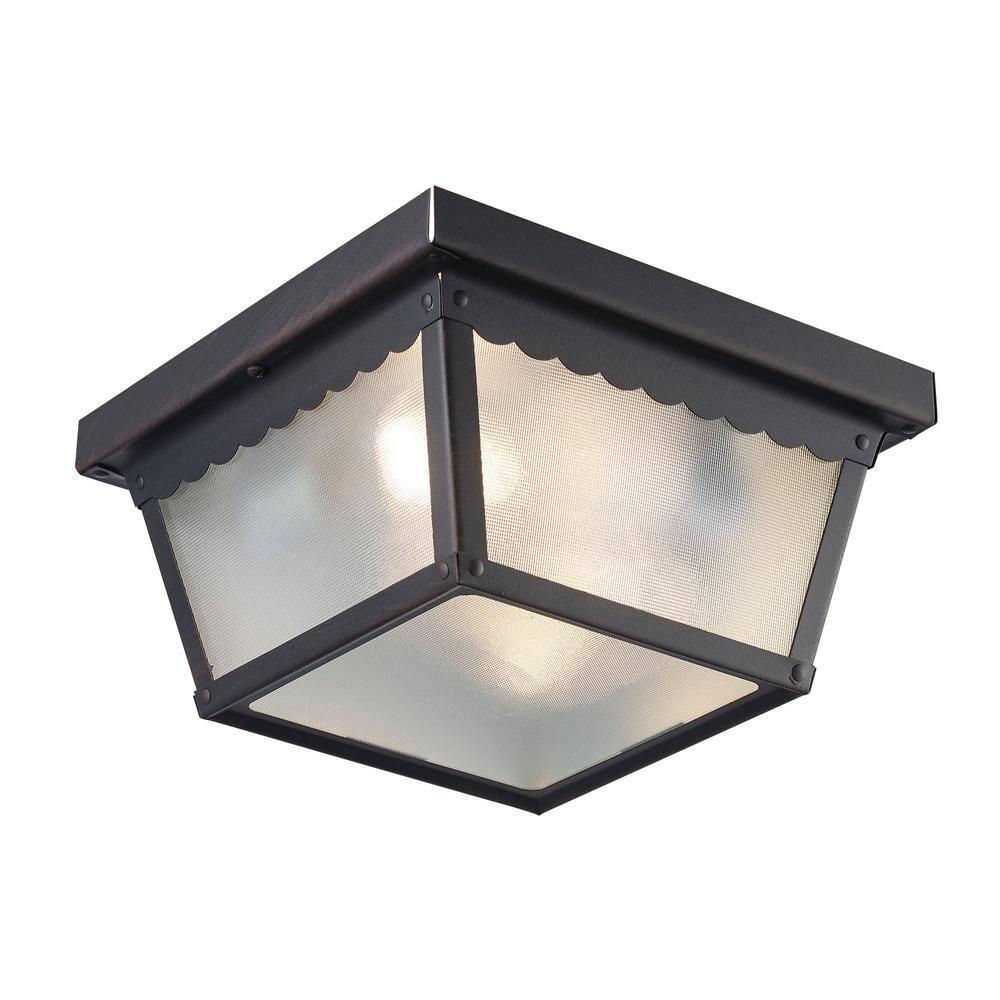 Samantha 2-Light Rust Outdoor Flush Mount Ceiling Light Fixture with Frosted Glass