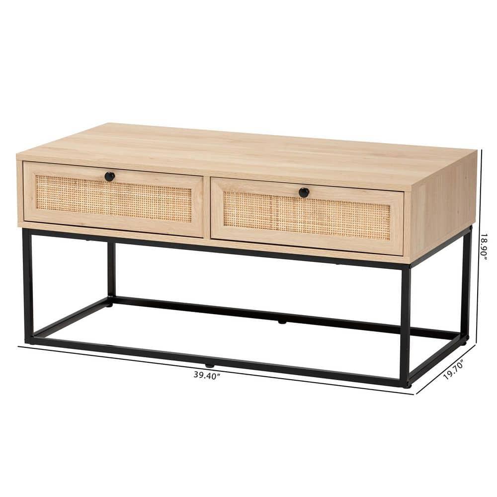 Amelia Wood Rattan 2 Drawer Coffee Table Natural Brown/Black - Baxton Studio