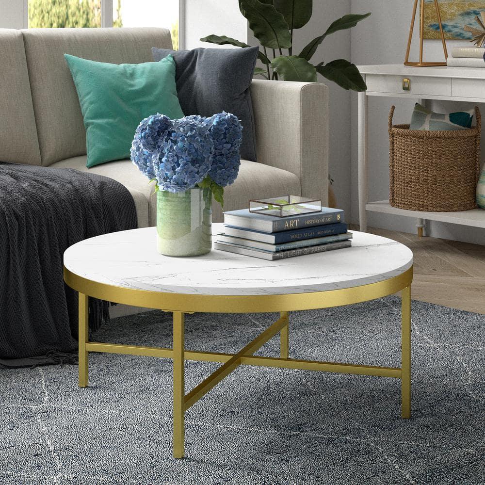 Henn&Hart Brass Finish Coffee Table with Faux Marble Top