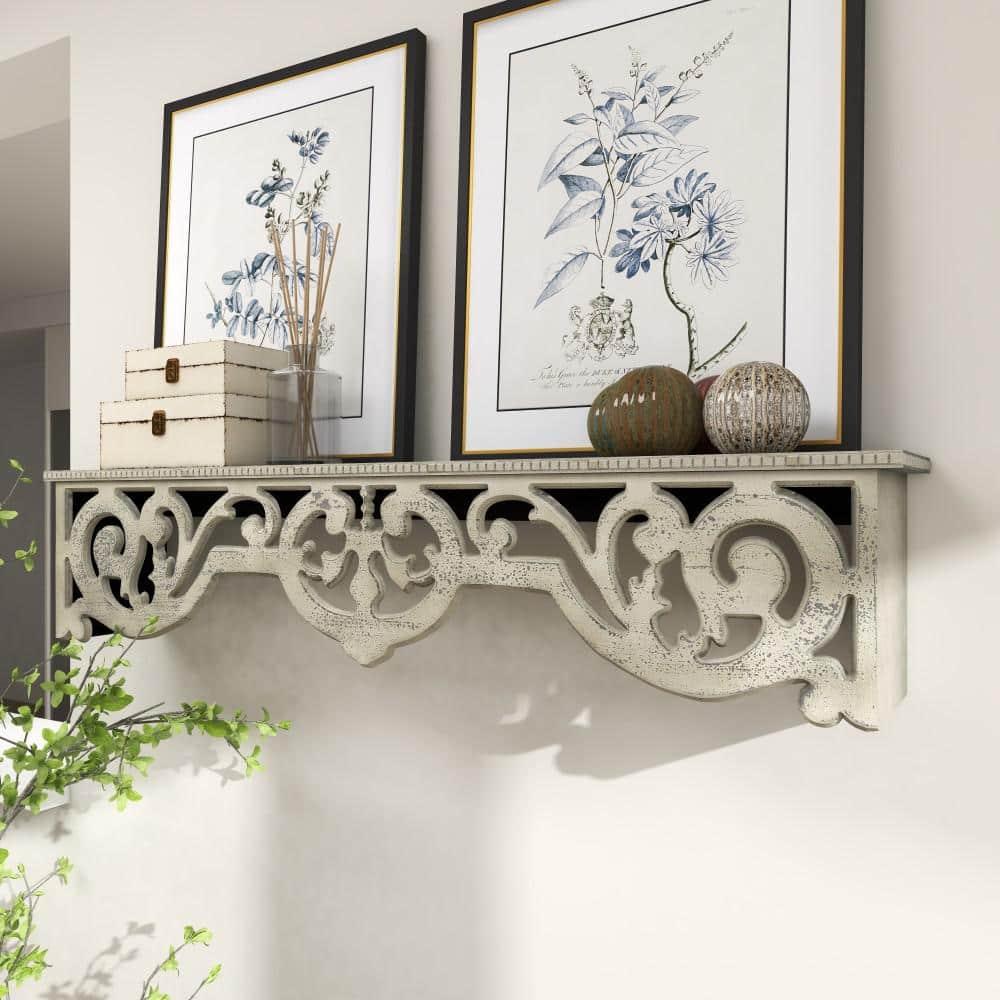 DecMode 48" x 8" 1-Tier Beige Scroll Wall Shelf with Gray Distressing