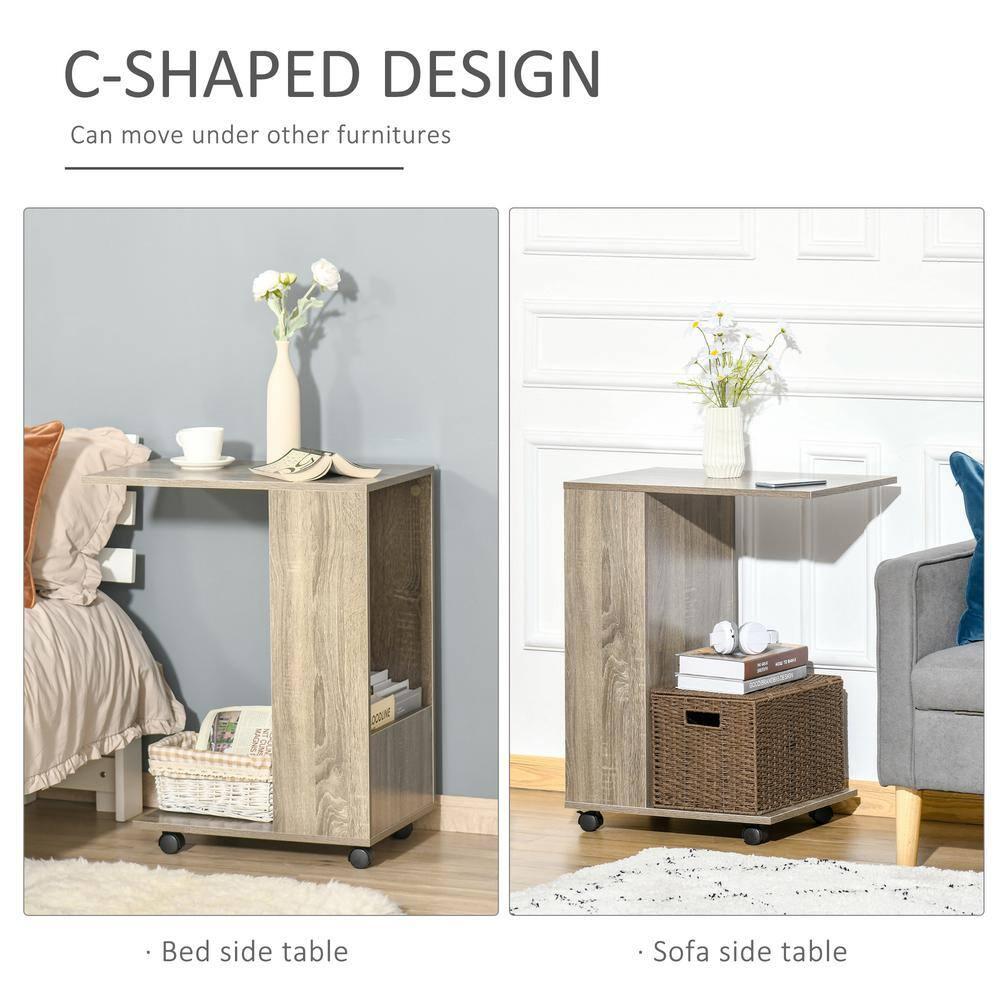 HOMCOM C-Shaped Sofa Side Table Mobile End Table with Storage and Wheels for Living Room, Bedroom, Office