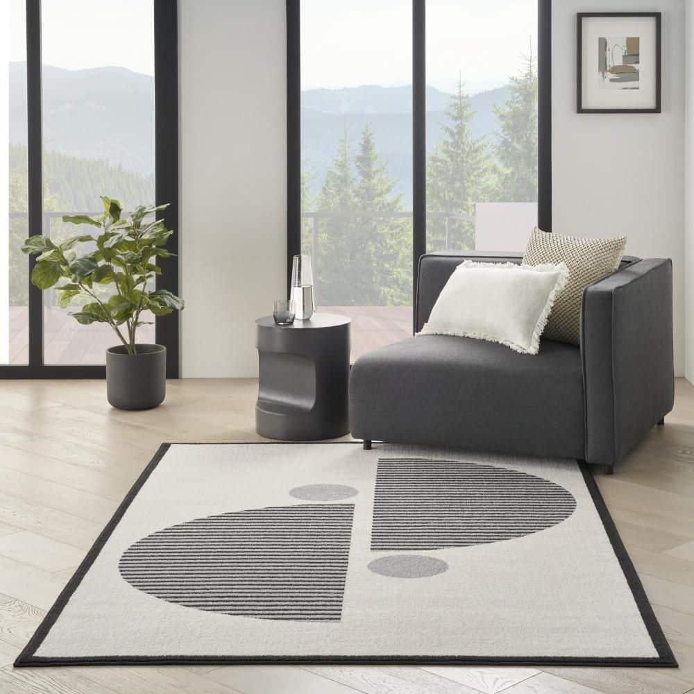 Nourison Modern Passion Circle Mid-Century Modern Indoor Rug Ivory/Black 6' x 9'