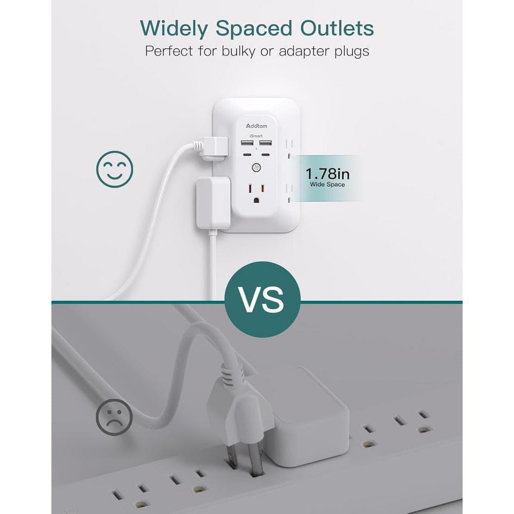 Surge Protector Outlet Extender - Addtam 5-Outlet Splitter with 4 USB Wall Charger(2 USB-C Ports), Multi Plug Outlet Power Strip for Home, Dorm Room Essentials