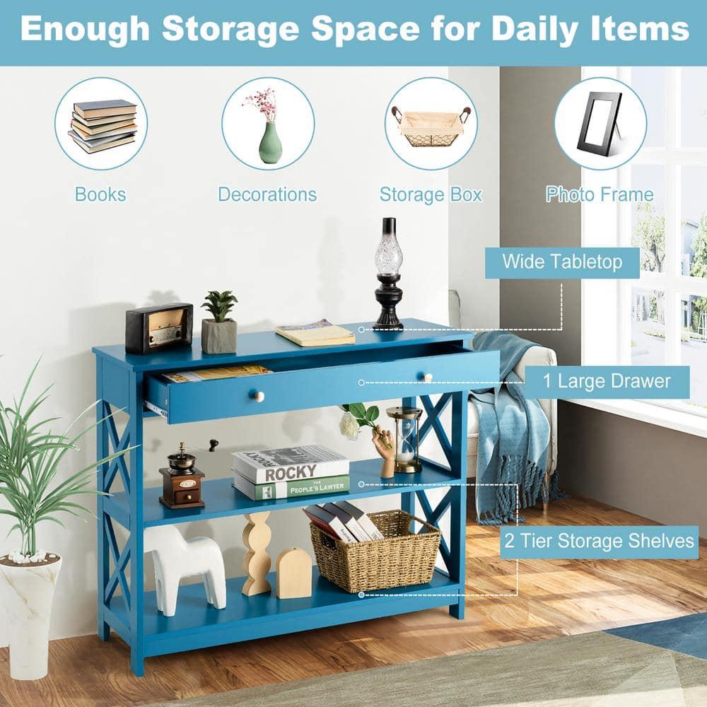 Costway 3-Tier Console Table X-Design Sofa Entryway Table with Drawer & Shelves Blue