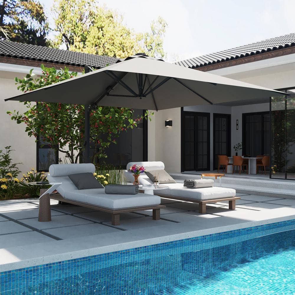 10ft Square Solar LED Cantilever Patio Umbrella with Bluetooth Light for Outdoor Shade Grey with base B