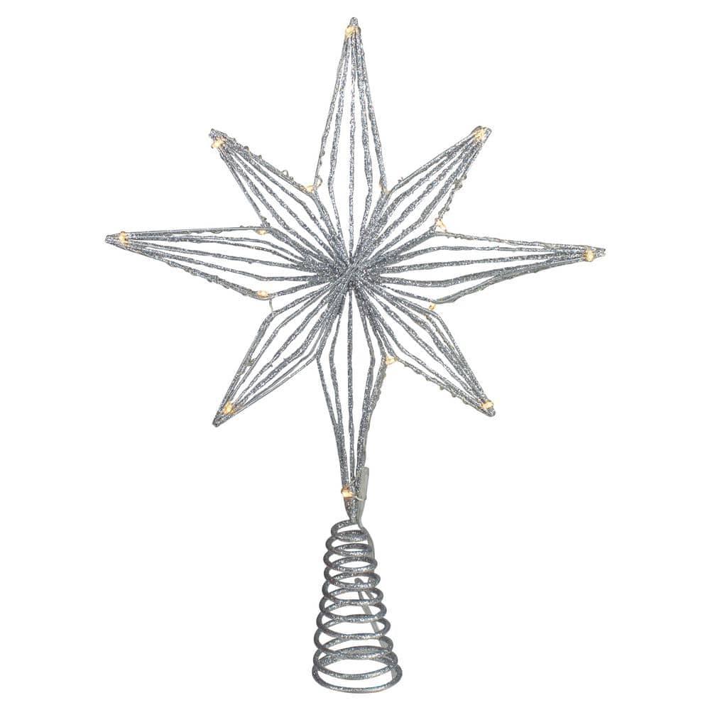 Northlight Seasonal 13.75" LED Lighted B/O Silver Glittered Geometric Star Christmas Tree Topper - Warm White Lights