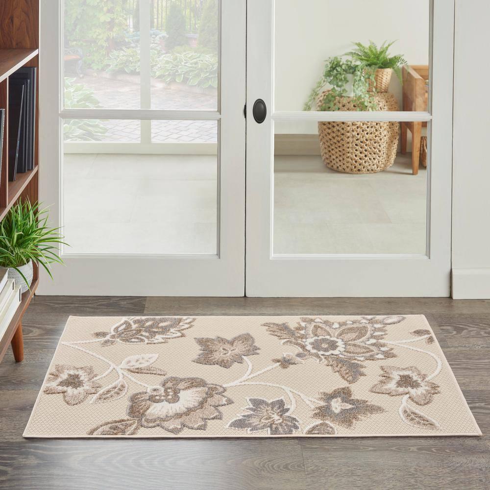 Nourison Aloha Floral Farmhouse Flatweave High-Low Indoor Outdoor Area Rug Beige 2'8" x 4'
