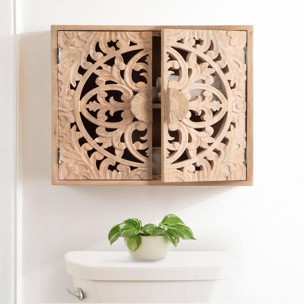 Kate and Laurel Saanvi Traditional Carved Wood Wall Cabinet, 20 x 6 x 20, Light Natural, Dimensional Over the Toilet Storage Cabinet for Bathroom Storage and Display