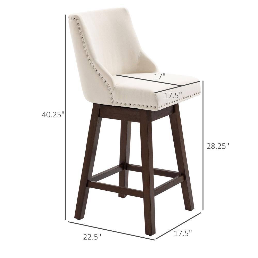 HOMCOM 28" Swivel Bar Height Bar Stools Set of 2, Armless Upholstered Barstools Chairs with Nailhead Trim and Wood Legs, Cream White