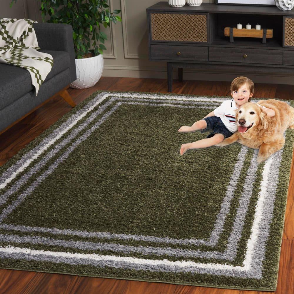 SAFAVIEH Border & Stripe Hyram Bordered Shag Area Rug, Green, 6'7" x 6'7" Square