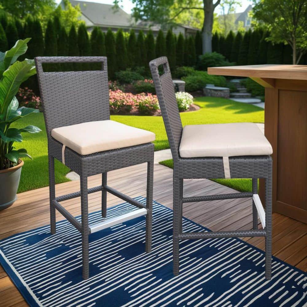 Armen Living Tropez Outdoor Patio Wicker Barstool with Water Resistant Beige Fabric Cushions