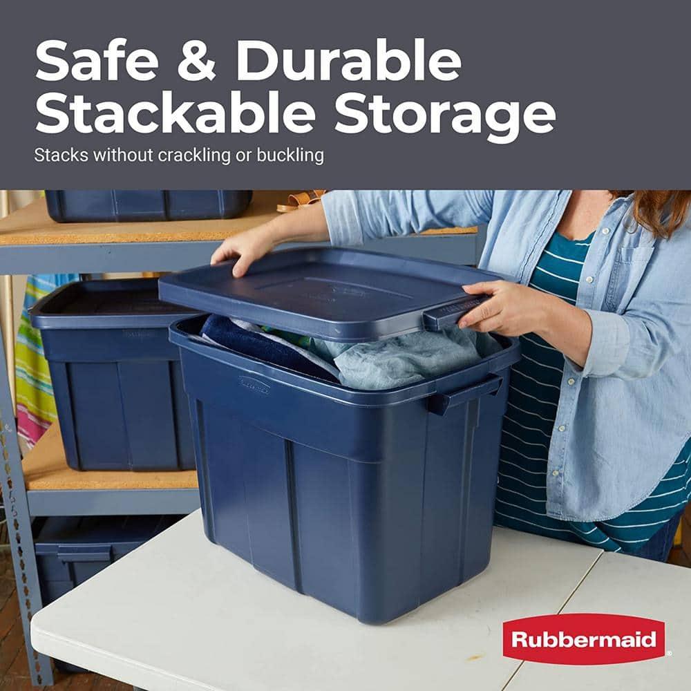 Rubbermaid Roughneck 18 Gallon Rugged Stackable Storage Tote with Lid and Handles for Home Usage, Dark Indigo Metallic, 6 Pack