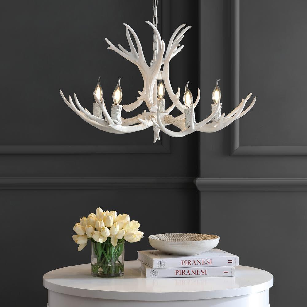JONATHAN Y Eldora 30" Adjustable Resin Antler 5-Light LED Chandelier, White