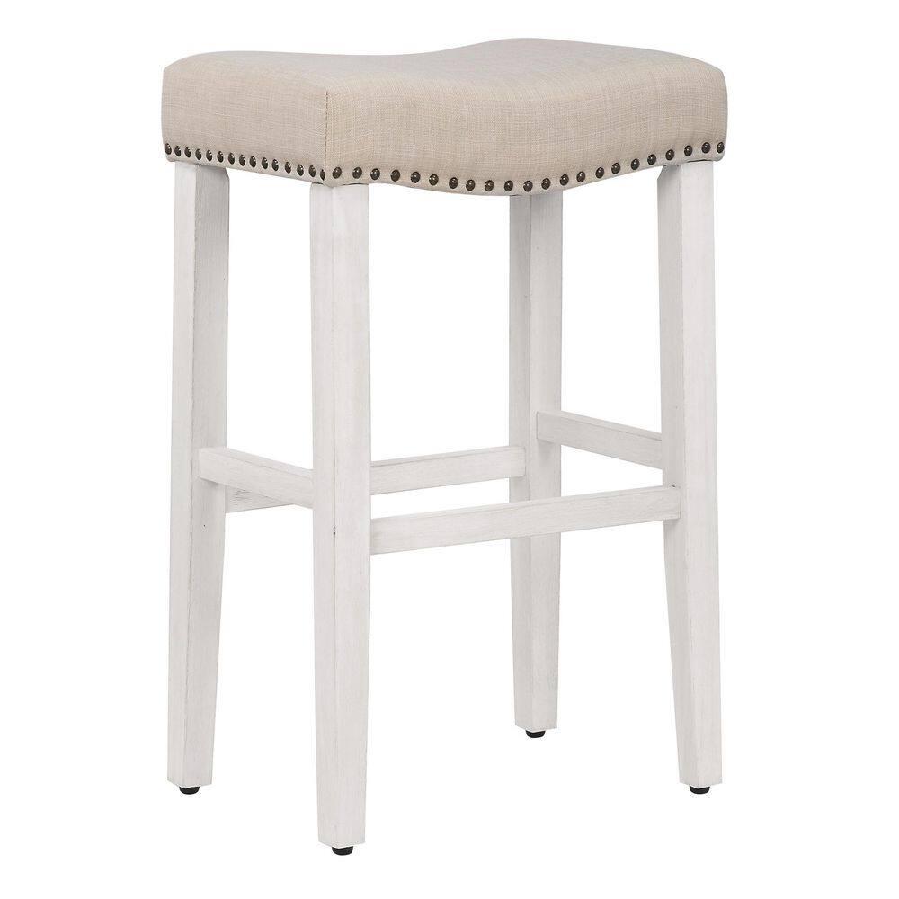 29" Upholstered Nail Head Counter Stool (Set of 2)Antique White/Beige
