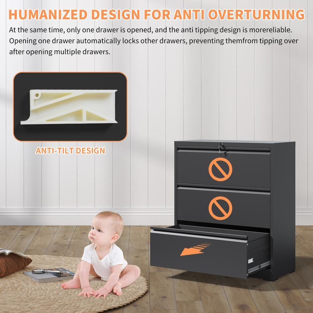 Black Metal 3-Drawer Lockable Lateral File Cabinet