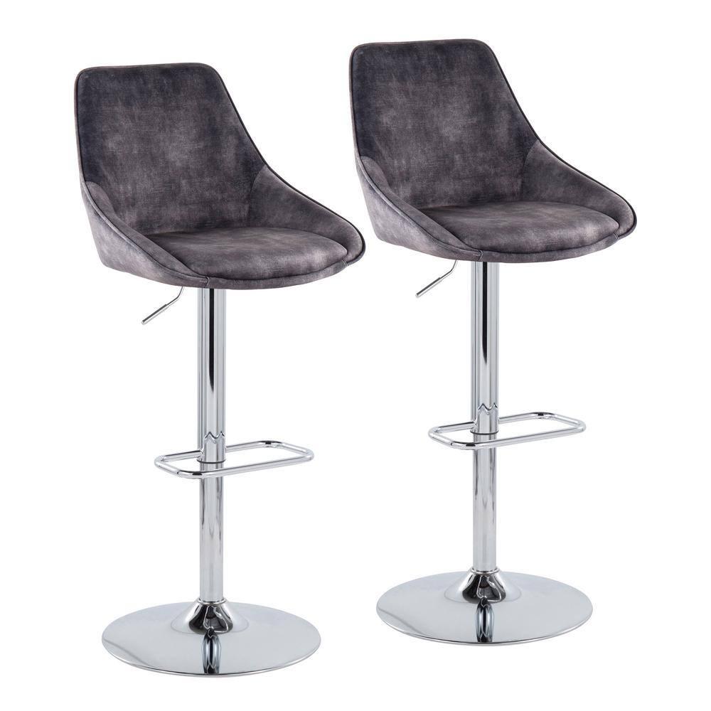 LumiSource Chrome Metal, Grey Velvet Diana Adjustable Barstool - Set of 2