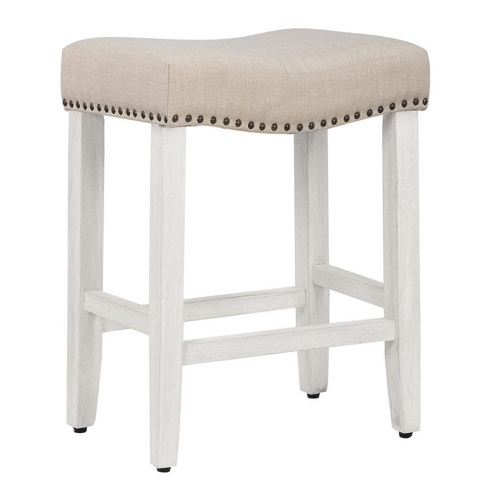 GRANDVILLE 24" Upholstered Bar Stool with Nail Head Trim (Set of 2), Antique White/Beige