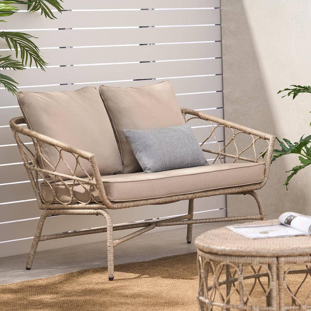 Montserrat Wicker Outdoor Loveseat with Cushions, Light Brown and Beige