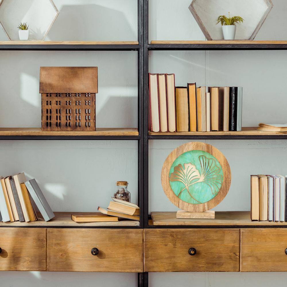 Green and Gold Stained Glass Panel with Mango Wood Stand