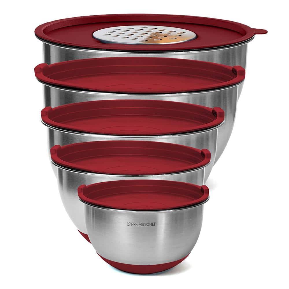 Mixing Bowls with Lids Set - Nesting Bowls with Airtight Lids + Graters - Stainless Steel Non-Slip Mixing Bowl for Baking, (Red, 5-Piece Set)