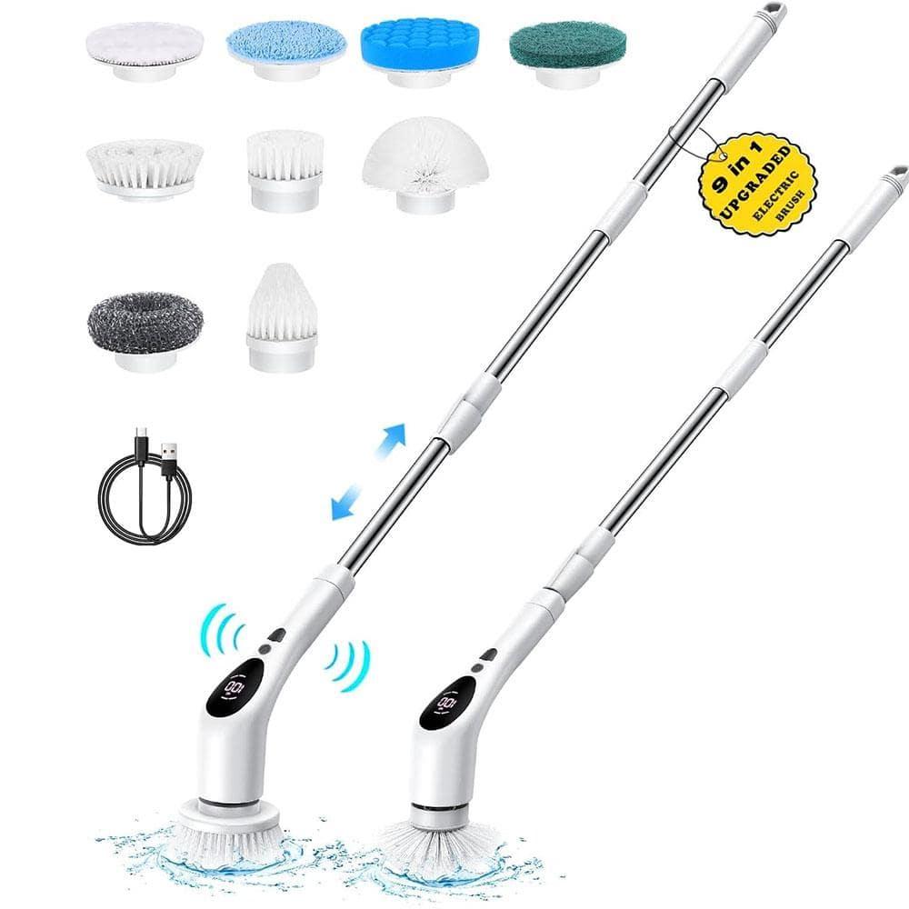 White Cordless Electric Spin Scrub Brush with Steel Handle