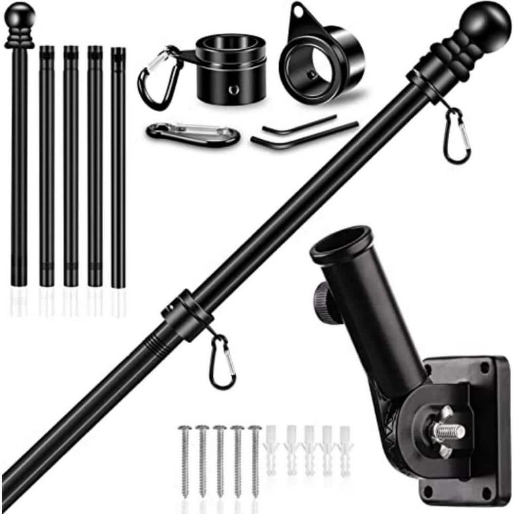 6 FT Flag Pole Kit with Mutil-Position Adjustable Bracket & Spinning Flagpole Rings, 1" Thicken Stainless Steel Metal Flag Poles for 3x5 Flag Outside House Wall Post Mount (6 FT, w/180° Black Bracket)