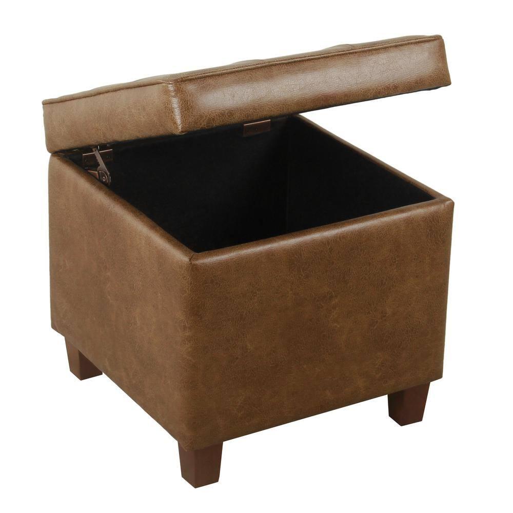 Square Tufted Faux Leather Storage Ottoman Brown - HomePop