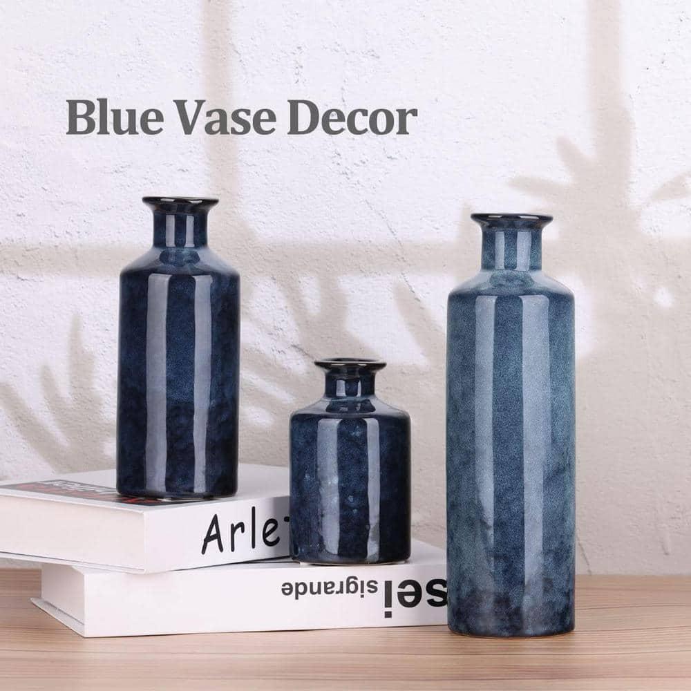 Blue Ceramic Vase Set for 3 - Modern Waterproof Small Vases, Farmhouse Country Home Decor, Living Room, Table, Fireplace, and Entrance Centerpieces