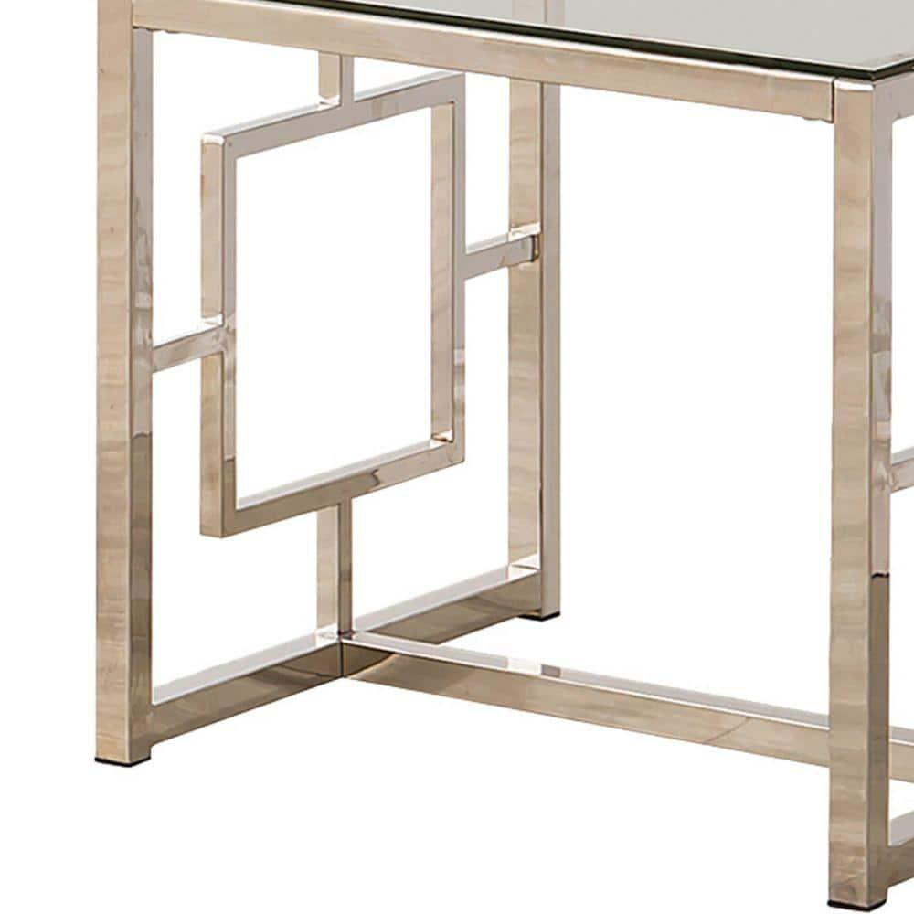 Benjara Tempered Glass Top End Table with Lattice Cut Out Panels, Silver and Clear