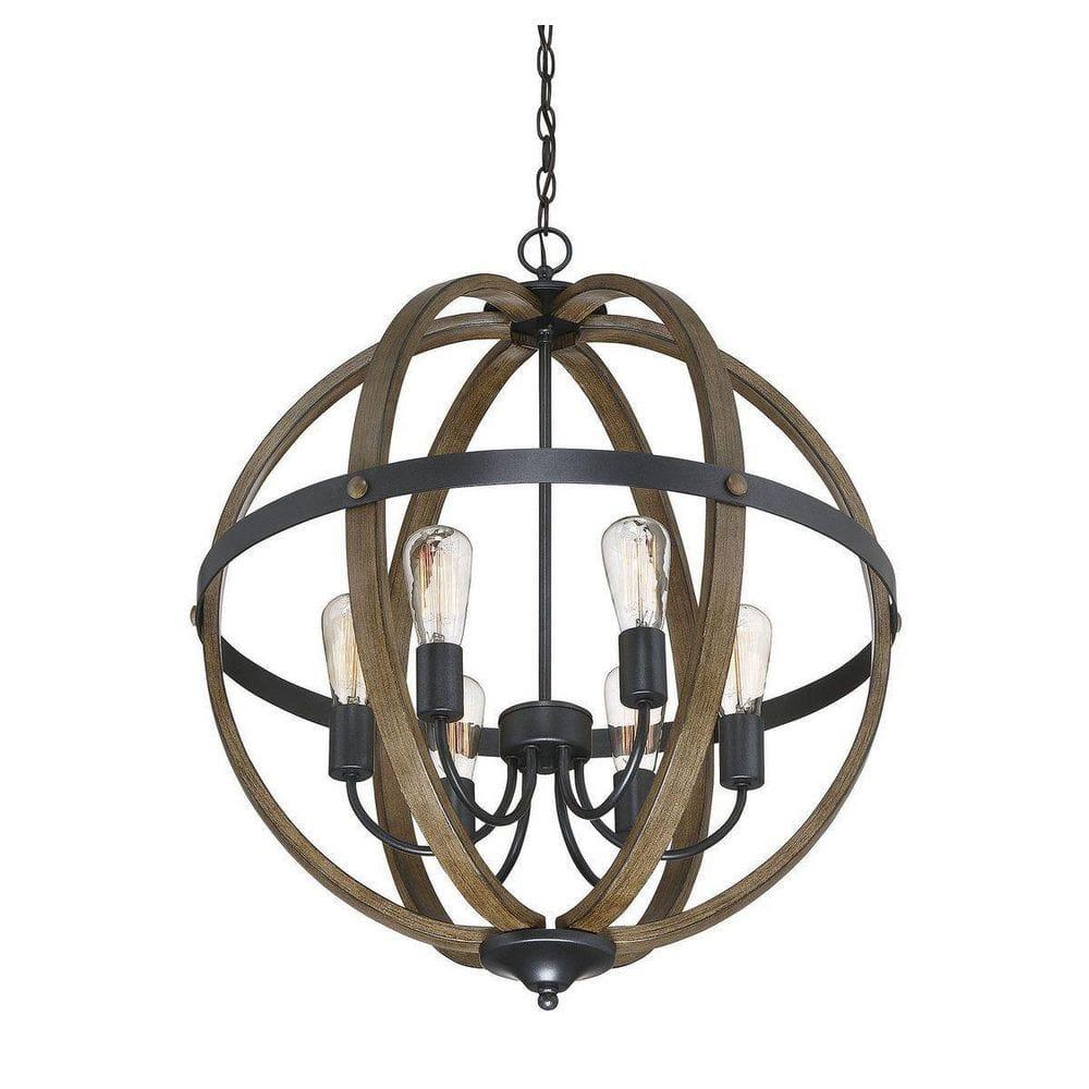 Farmhouse Wood & Black 6-Light Incandescent Pendant Chandelier