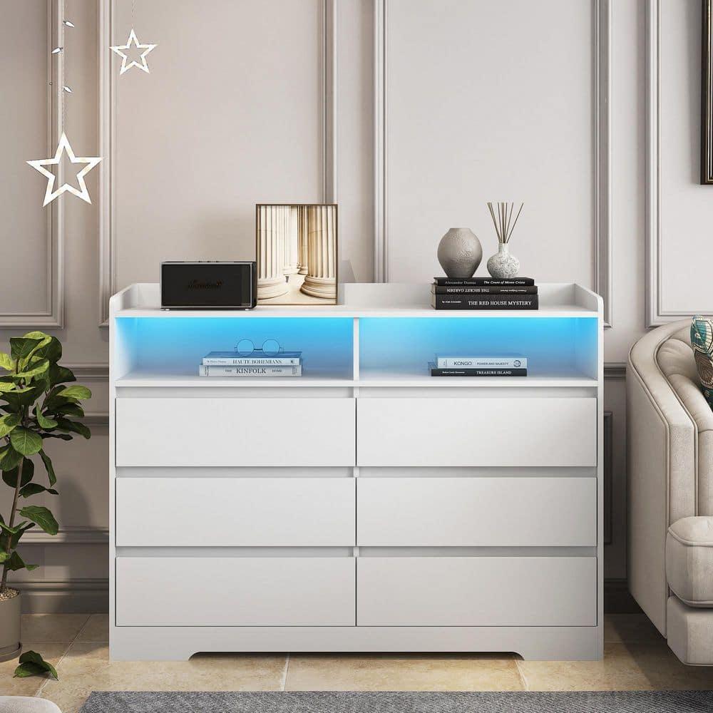 6 Drawer Dresser, White Chest of Drawers for Bedroom with LED Lights, for Living Room, Entryway, Hallway