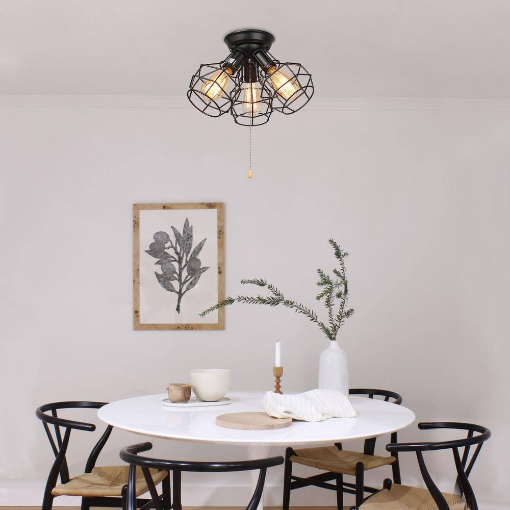Industrial Flush Mount Ceiling Light, 15" Black 3-Light Fixture with Cage Shade & Pull Chain