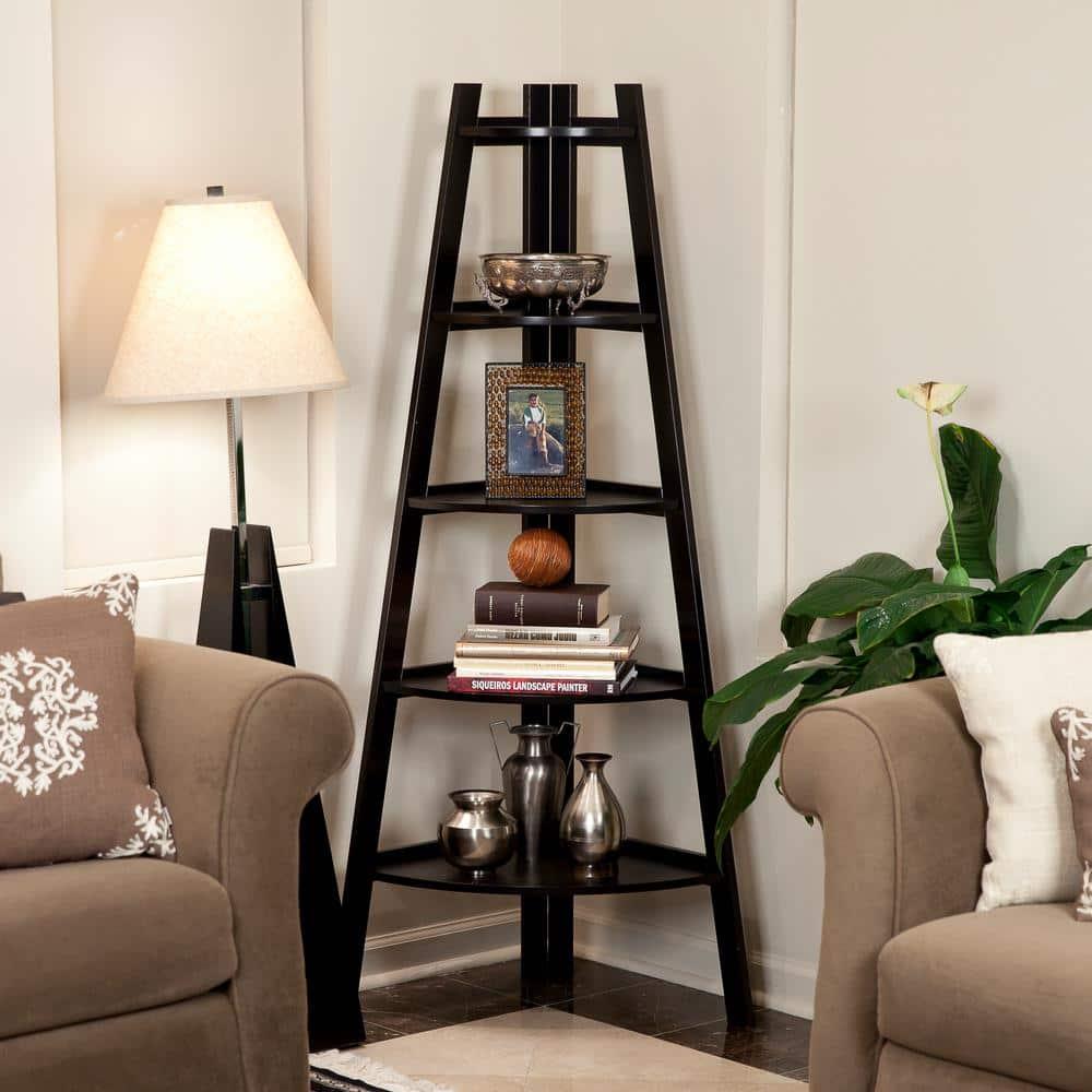 Danya B. 63" x 26.5" Five-Tier Pyramid Corner Ladder Shelf Brown: MDF Wood, Open Back Design, Fixed Shelves