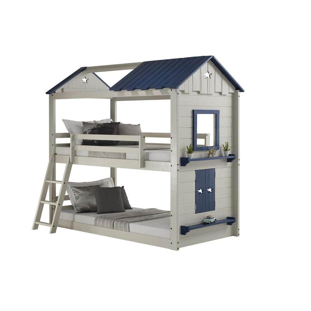 Donco Kids Star Gazer Twin Over Twin Grey & Blue House Bunkbed