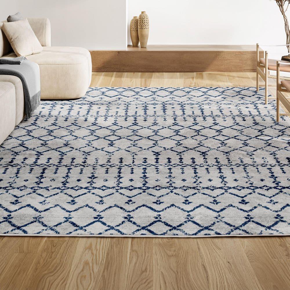 8'x 10' Morrocan Hype Boho Vintage Diamond Area Rug, Cream/Navy - JONATHAN Y