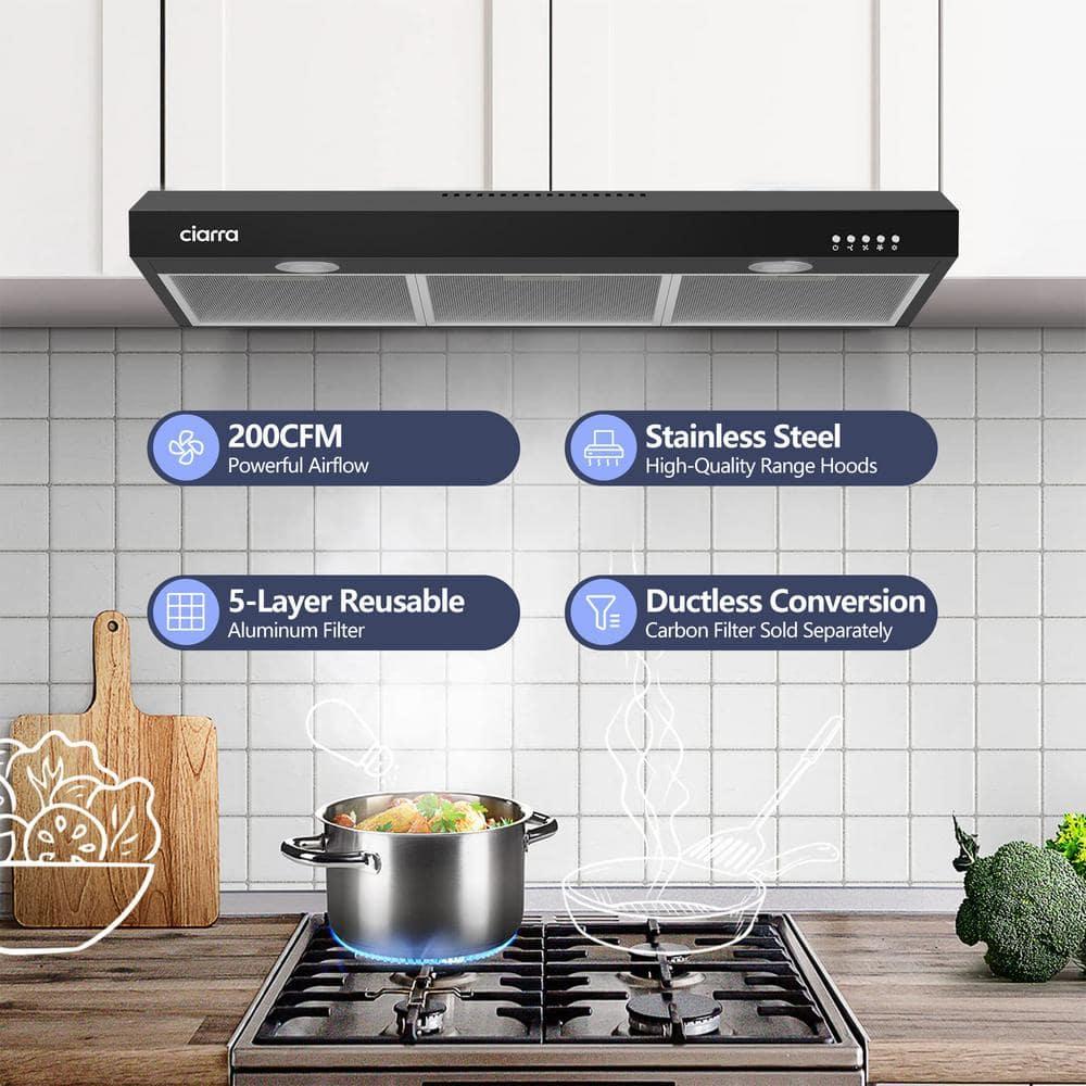 CIARRA Black Range Hood 30 inch Under Cabinet with Ductless Ducted Convertible Slim Kitchen Hood CAB90575