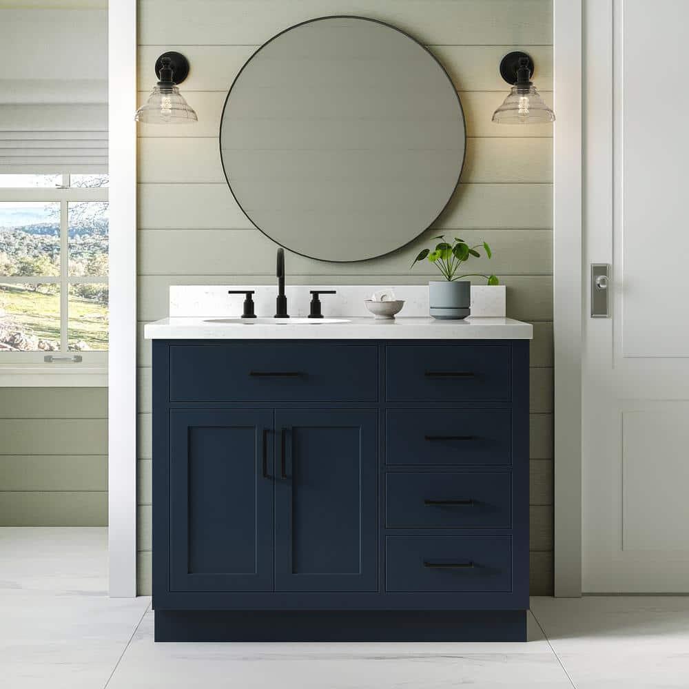 Hokku Designs Thornaby 42'' Solid Wood Single Bathroom Vanity with 1.5'' Carrara Quartz Top, Right Offset Oval Sink