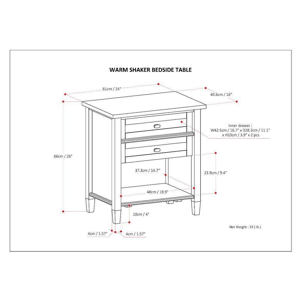 Simpli Home Warm Shaker 24"W Solid Wood Bedside Table with Two Drawers & Reviews | Wayfair