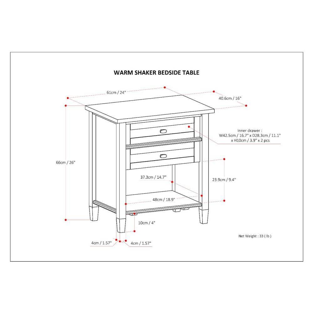 Simpli Home Warm Shaker 24"W Solid Wood Bedside Table with Two Drawers