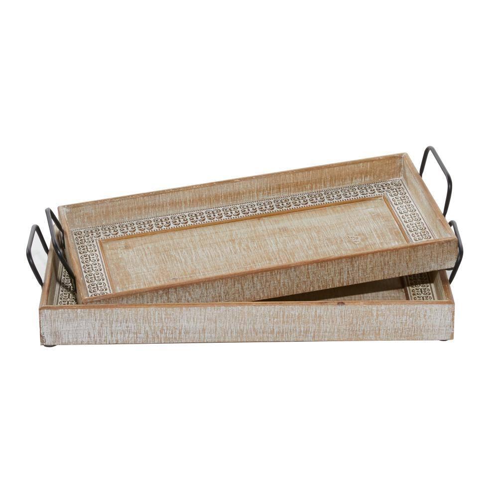 Olivia & May Set of 2 Rectangular Wood Tray with Inlay and Metal Handles Black : Bohemian Carved, Indoor Use Decor