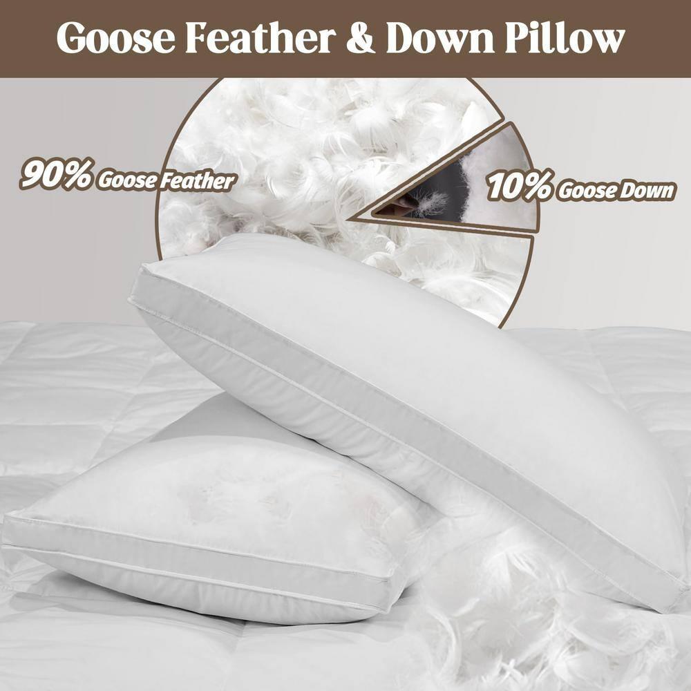 Unikome Goose Down Feather Gusseted Bed Pillows, Pillows Standard Size Set of 2, 100% Soft Cotton Cover, Pillow for Back, Stomach or Side Sleepers