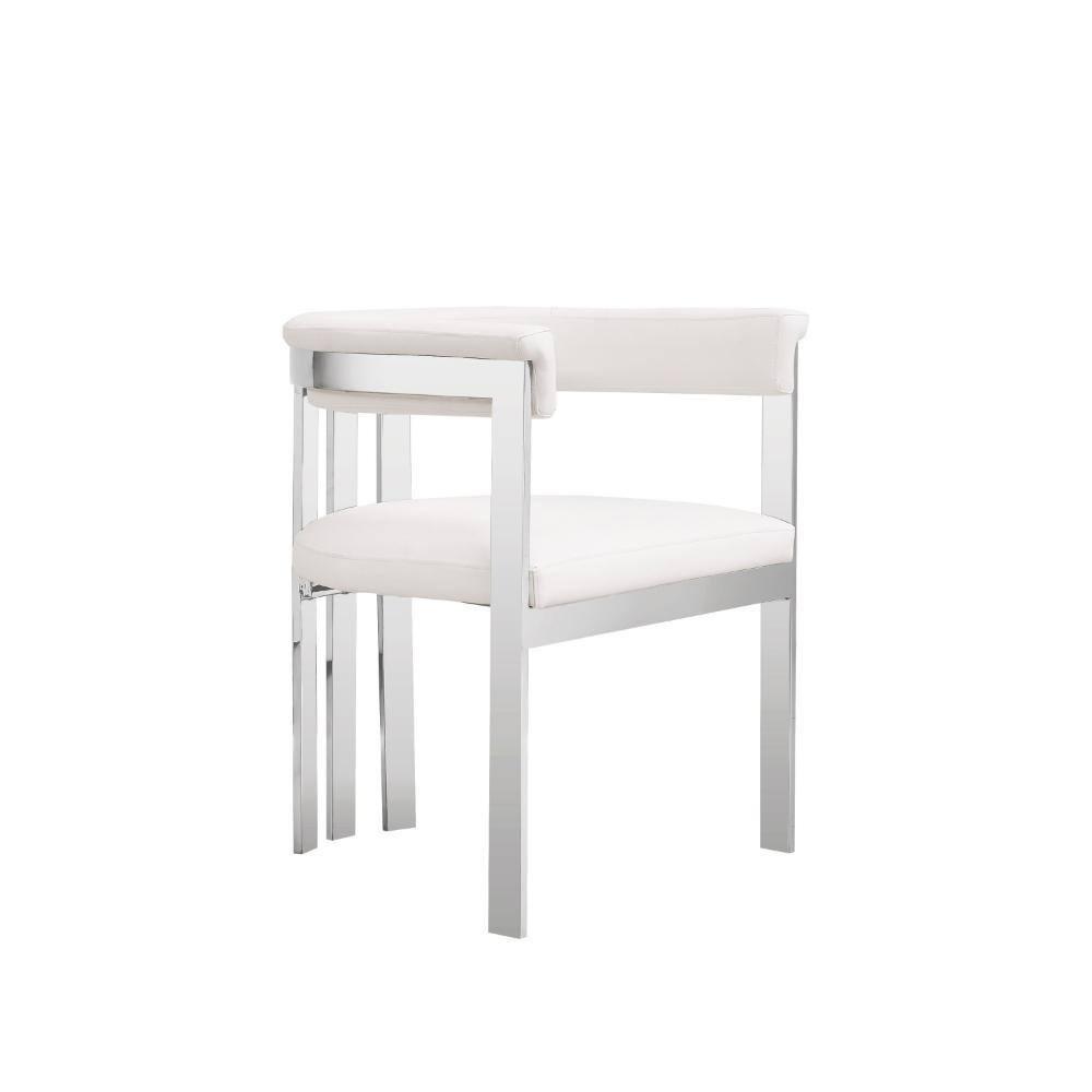 Benjara Cid Tayc 25 Inch Dining Chair, White Faux Leather, Stainless Steel Frame