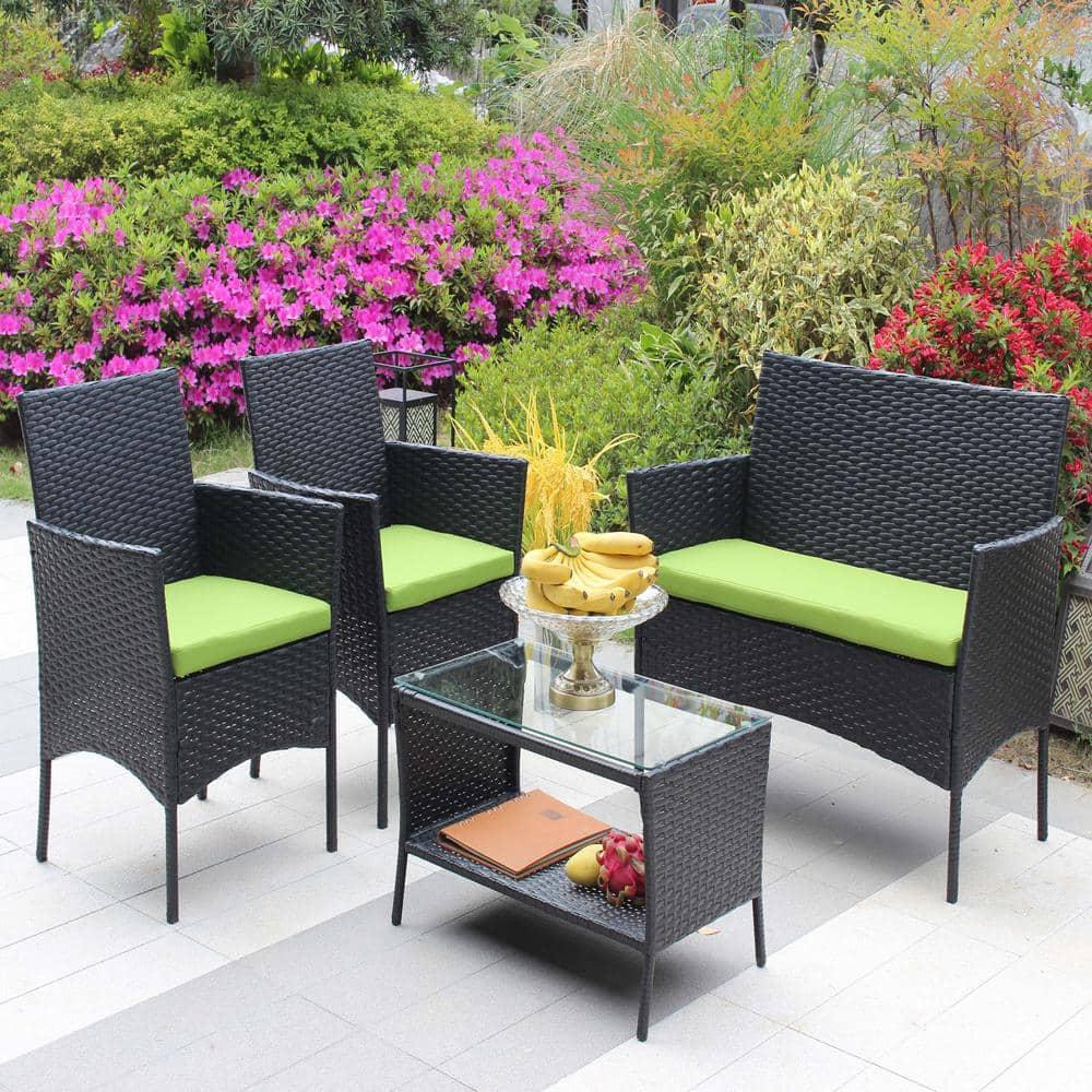 Seizeen Outdoor Patio Conversation Set, 4 Pieces Rattan Patio Set with Cushion, Patio Deck Yard Furniture Sofa Set, New Outdoor Coffee Table & Chairs, Green Cushion and Black Rattan